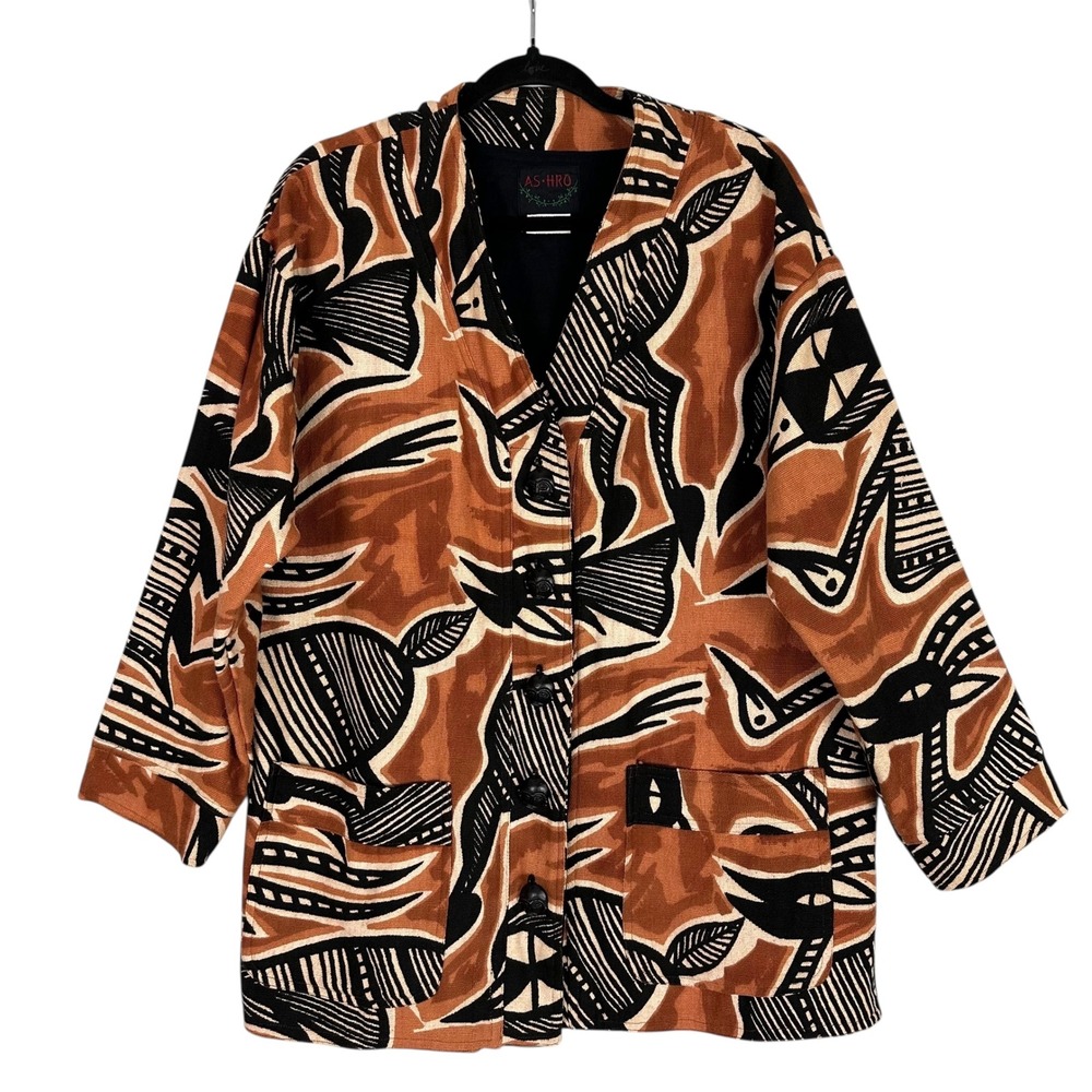 Ashro African Afrocentric Print Jacket Carved Mask Button Cotton Lined Artwear M